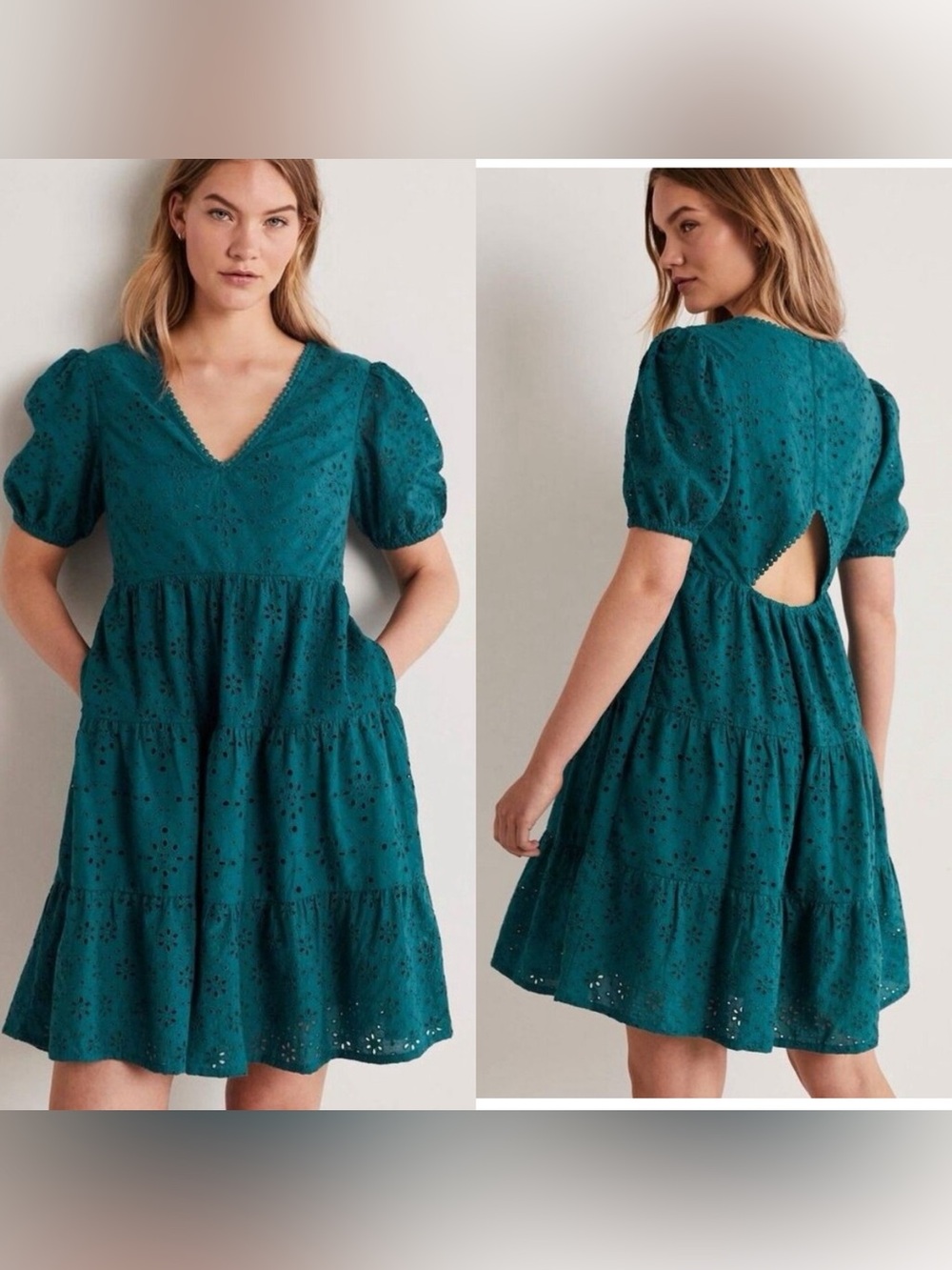 Boden Back Cutout Detail Broderie Teal Dress 8